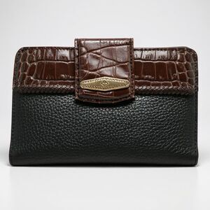 Brighton Vintage Leather Croc Embossed Bi-Fold Checkbook Wallet Brown/Black